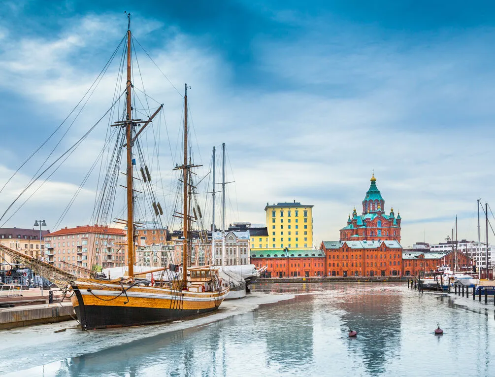 Old port in Katajanokka district of Helsinki on a cold day in winter, Finland